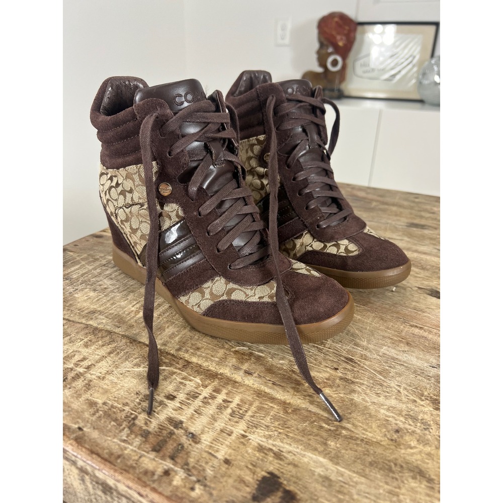Coach Alara Brown Monogram Suede Wedge Sneakers High Top A0548 Womens 10M